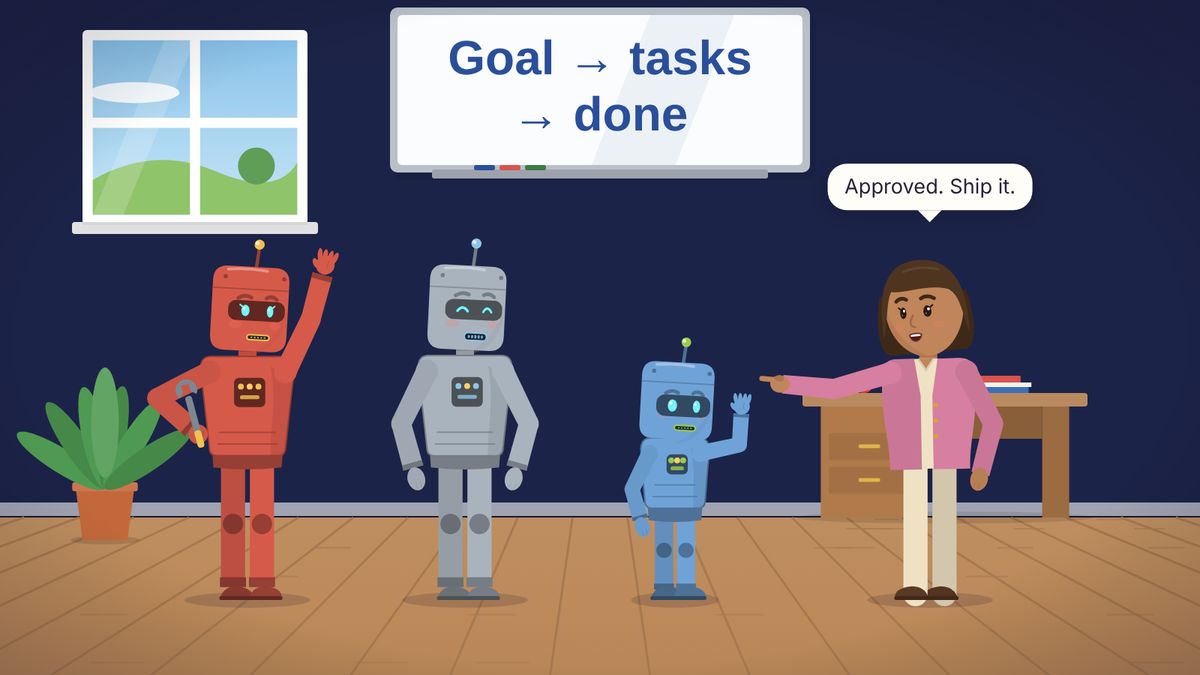 Three robot agents cheer under a whiteboard reading Goal, tasks, done, while a team lead says Approved, ship it.