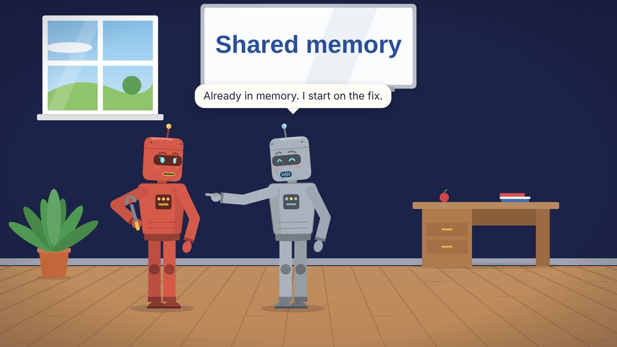 Two robot agents under a whiteboard reading Shared memory. One says the answer is already in memory and it will start on the fix.